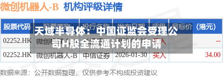 天域半导体：中国证监会受理公司H股全流通计划的申请